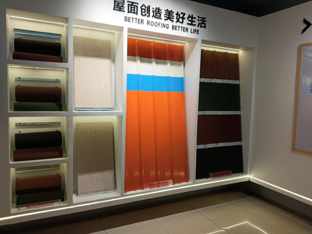 Coloured Steel Long Span Roofing and Long Span Stone Coated at Fabcom Structural Abuja Showroom